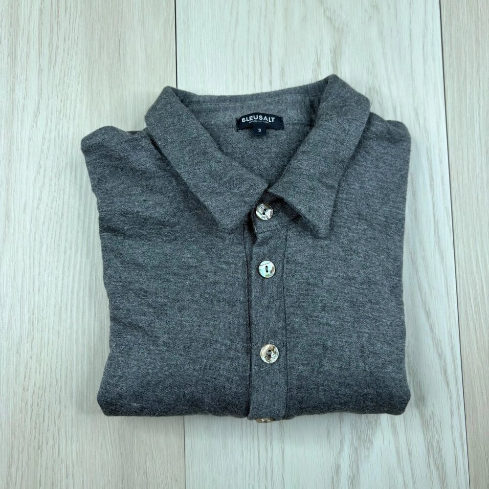 Bleusalt Mens Gray Spread Collar Long Sleeve Made In USA Polo Shirt Size 3